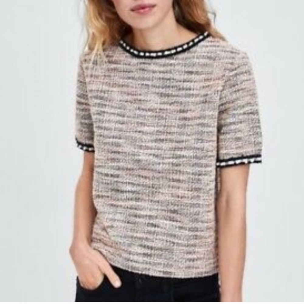 Zara Tweed Pearl Trim blouse